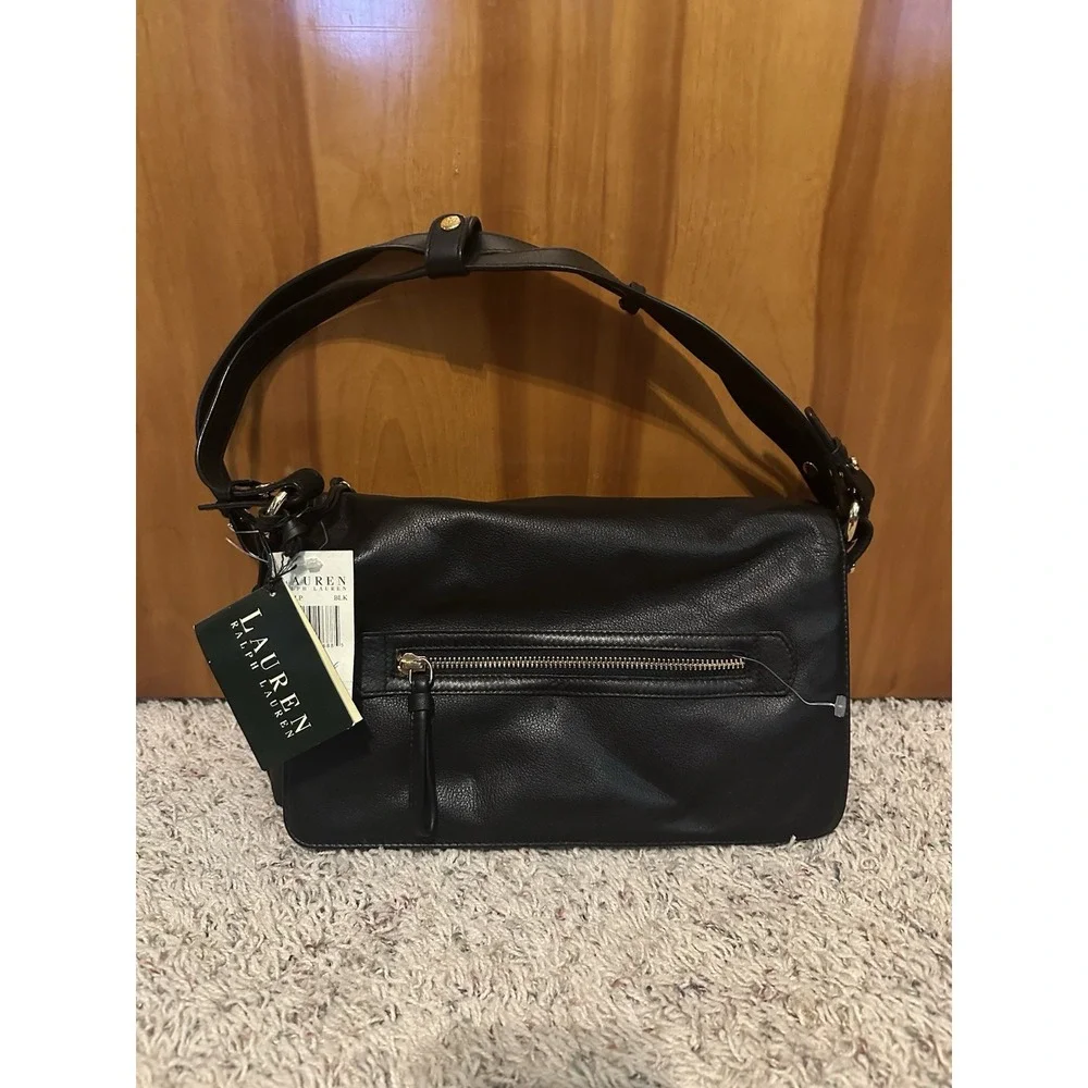 Lauren Ralph Lauren 877FLP Black Leather Messenger Shoulder Bag  Early 2000s NEW